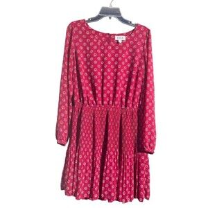NWOT Elle LS Pleated Dress Burgundy Jewel Print Office Date Sheer Flowy LARGE